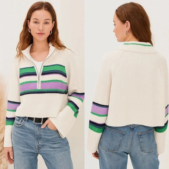 Free People Greta Stripe Half-Zip Mock Neck Sweater Size Large NWT - Picture 1 of 15